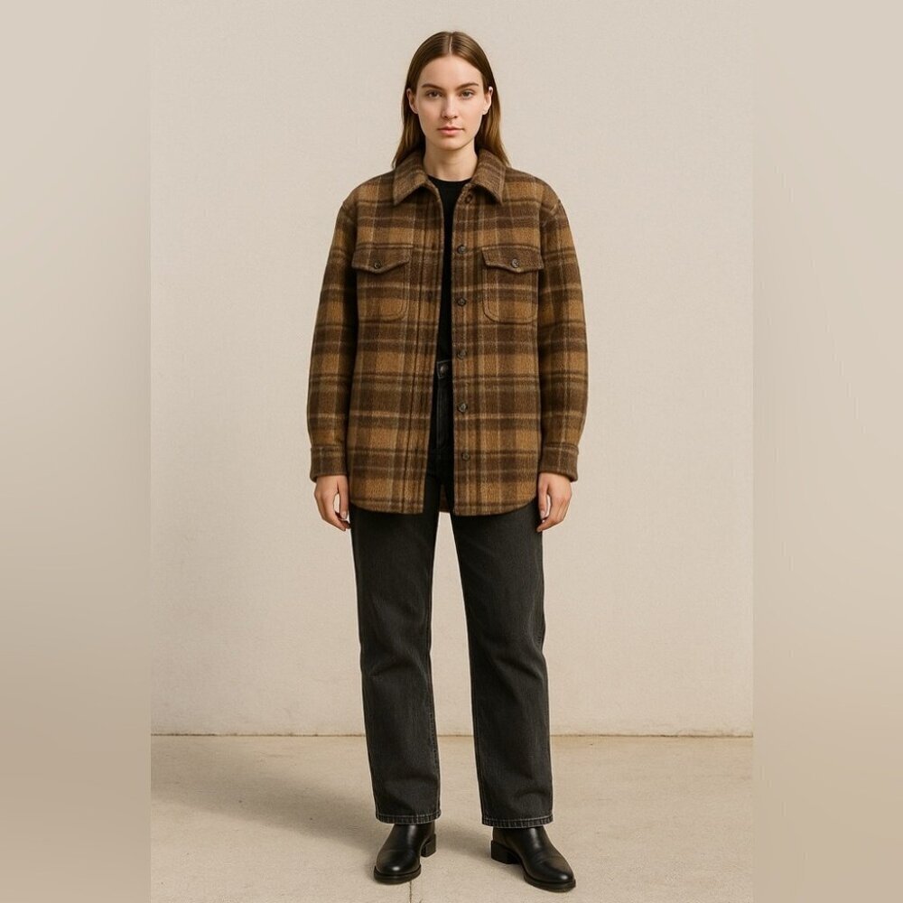 Wilfred Free Brown Plaid Wool Blend Shacket Jacket Size Small Cozy Fall